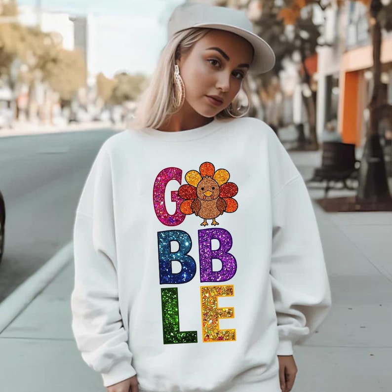 Gobble Glitter Thanksgiving Print Sweatshirt