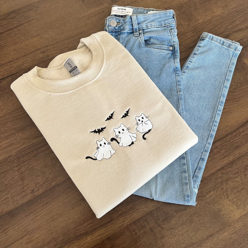 Embroidered Ghost Cats Sweatshirt